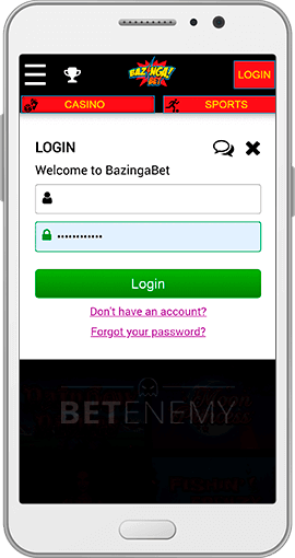 Bazingabet mobile login form for Android