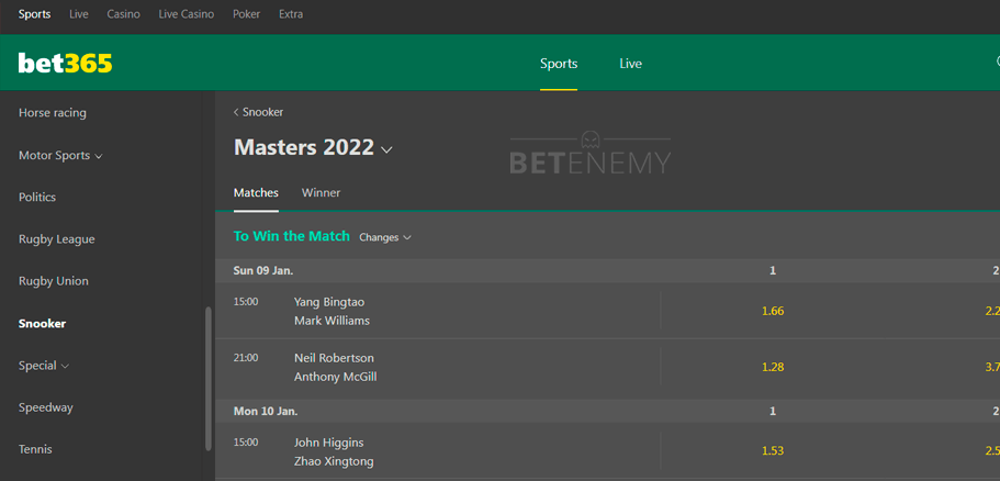 Bet365 Masters snooker betting