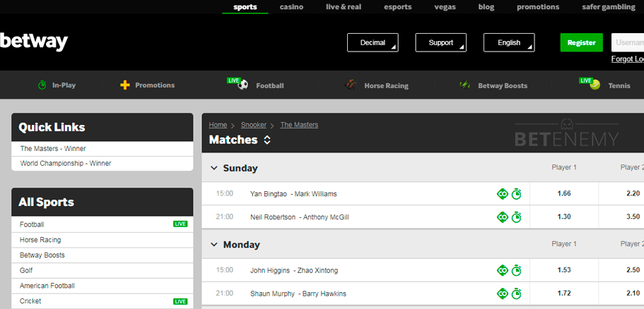 Betway Masters snooker betting