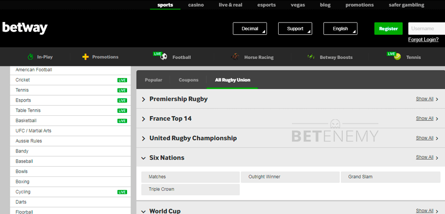 Betway Rugby Union betting