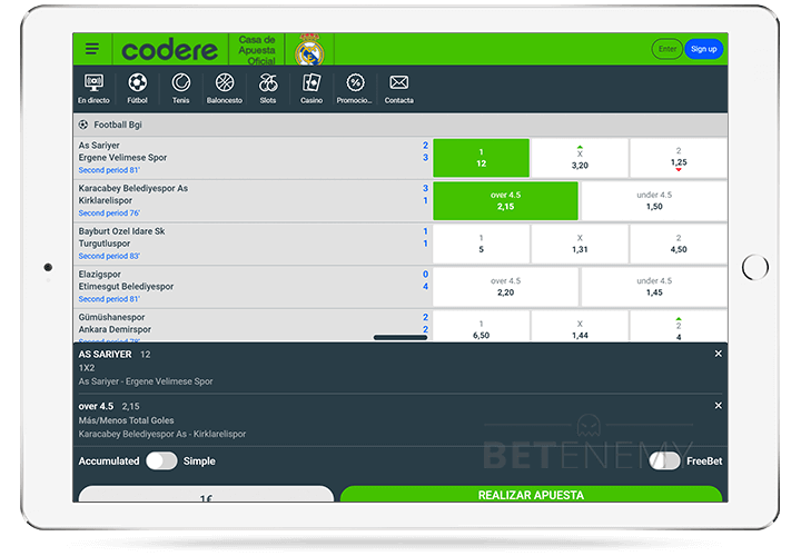 Codere mobile version for tablet