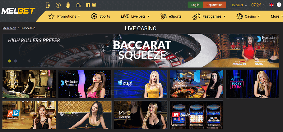 live casino page at melbet