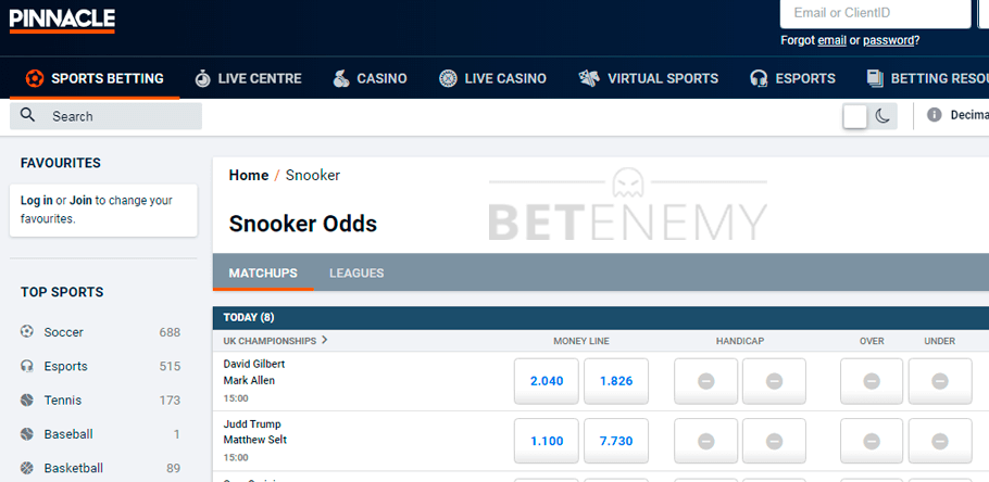 Pinnacle snooker betting section