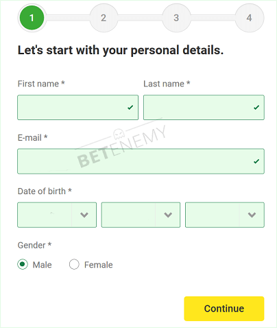 Unibet registration form