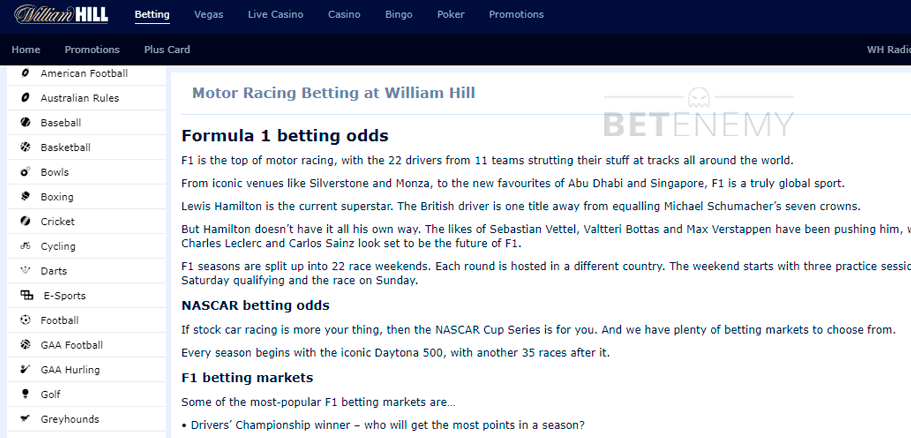 William Hill F1 bets